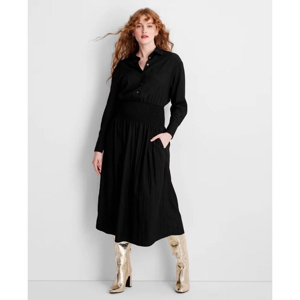 NEW Future Collective Women's XS Collared Long Sleeve Smocked Midi Shirtdress